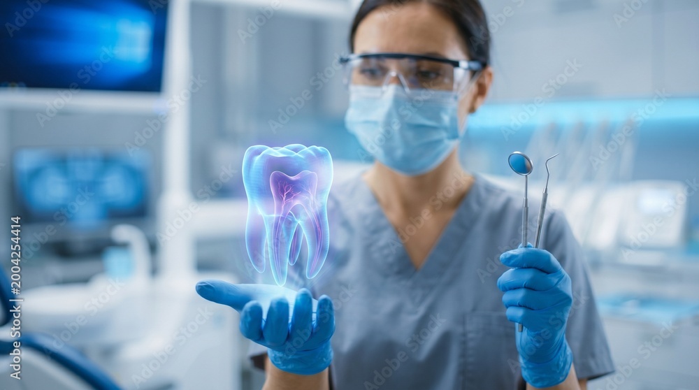 Fototapeta premium Dentist Using Futuristic Hologram Technology to Examine and Treat Teeth in a Modern Dental Clinic