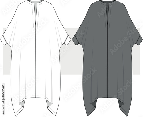 Foto V Neck Asymmetrical hem dress kimono sleeve with cuffs t shirt blouse dresses ruffles hem fashion technical drawing, illustration