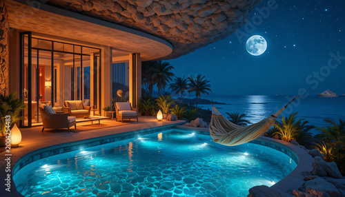 Relaxing at a luxury tropical resort swimming pool at night featuring palm tree reflections in the water under a clear summer sky during a holiday vacation
