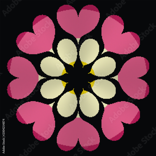 Pink heart floral mandala with halftone dot texture, radial symmetry geometric vector flower, romantic abstract design.