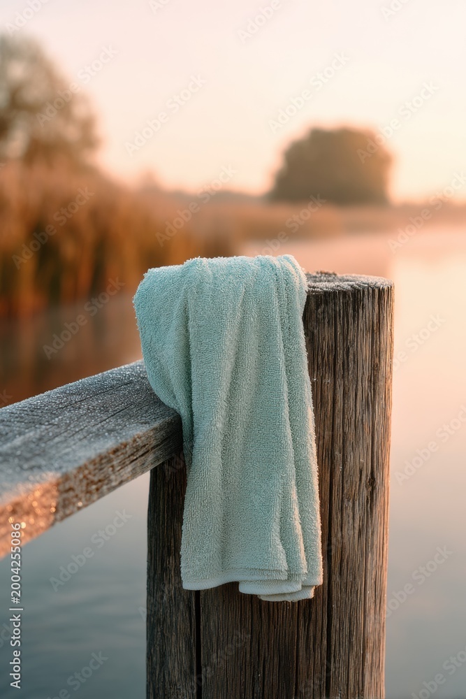 Fototapeta premium Green towel hanging on wooden pier railing at sunrise. Bathroom textile drying near lake. Morning wellness and spa concept. Calm outdoor scene with morning light and nature landscape.