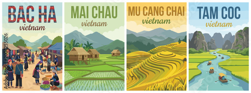 Vintage vietnam travel poster set. Including bac ha mountain market, mai chau stilt houses, mu cang chai rice terraces, and tam coc river. Wall art prints.