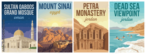 Vintage Middle East Travel poster set. Including sultan qaboos grand mosque oman, mount sinai egypt, petra monastery, and dead sea viewpoint jordan.