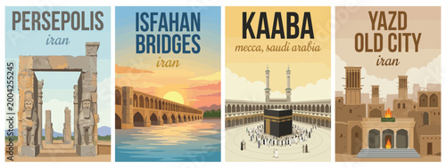 Vintage middle east travel poster set. Including persepolis ruins, isfahan bridges, kaaba mecca, and yazd old city iran. Retro vector illustration wall art.