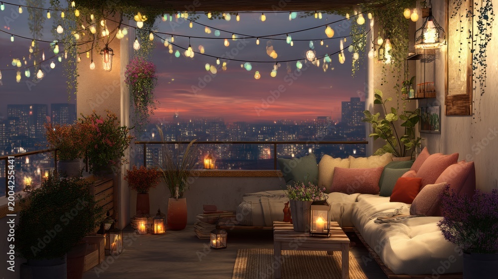 Fototapeta premium Cozy balcony with evening city view and glowing fairy lights. Comfortable outdoor lounge area with pillows and plants for night relaxation. Residential terrace design for leisure living.