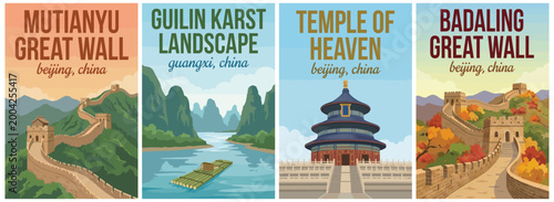 Vintage China travel poster set. Including mutianyu great wall, guilin karst landscape, temple of heaven, and badaling great wall. Retro vector illustration.