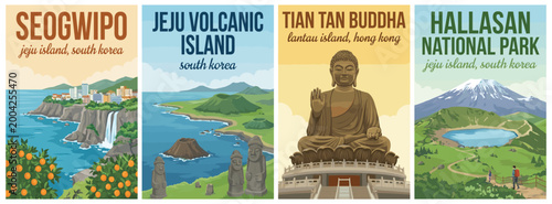 Vintage korea and hong kong travel poster set. Including seogwipo, jeju volcanic island, tian tan buddha, and hallasan national park. Retro vector illustration.