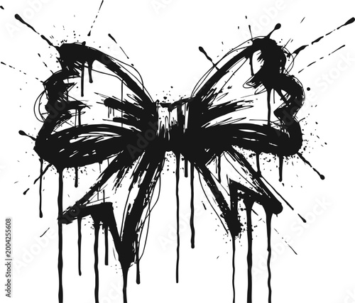 Black ink splattered bow illustration with grunge paint drips and artistic splash effect
