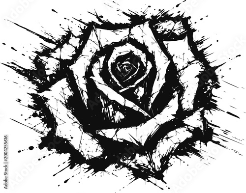 Black rose splatter illustration grunge floral design with ink splash effect gothic nature art concept