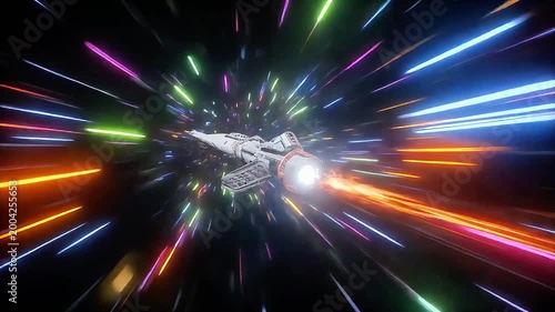 Astronaut Spaceship Traveling Through Colorful Neon Light Speed Tunnel at 4K Cinematic Footage
