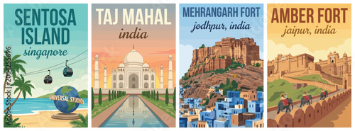 Vintage singapore and india travel poster set. Including sentosa island, taj mahal, mehrangarh fort jodhpur, and amber fort jaipur. Wall art prints.