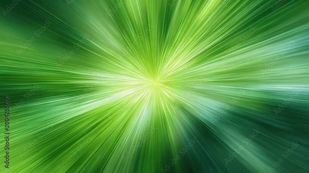Fototapeta premium Abstract background with green light rays bursting from the center. Digital streak effect representing speed, motion and energy. Dynamic glowing backdrop for technology and innovation.