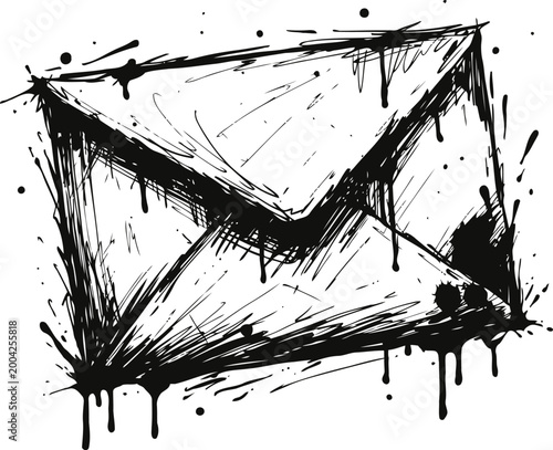 Grunge envelope illustration with ink splatters and rough sketch design