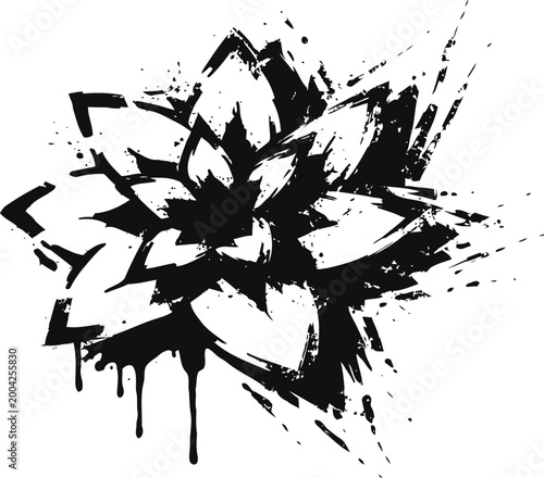 Abstract black ink lotus flower with splatter and drip effect on white background