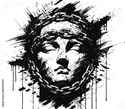 Black and white abstract face surrounded by chain and paint splatter grunge artistic design