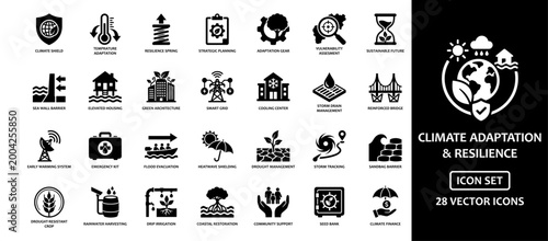 Φωτογραφία Climate adaptation and resilience solid icon set containing icons for sea wall, stilt house, green architecture, smart grid, hurricane tracking, and coastal protection