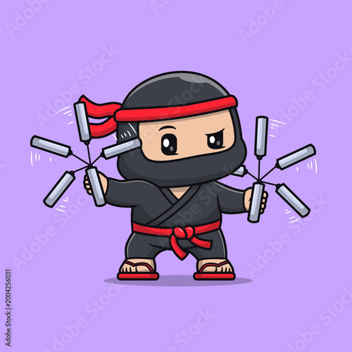Cute Ninja With Double Stick Weapon Cartoon 