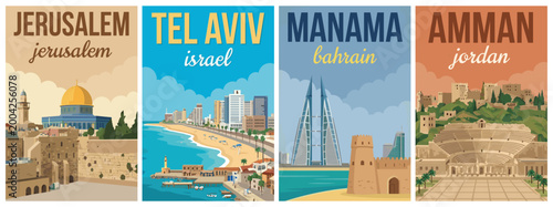 Vintage middle east travel poster set. Including jerusalem, tel aviv israel, manama bahrain, and amman jordan. Minimalist flat vector wall art prints