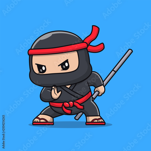 Cute Ninja Holding Stick Cartoon 