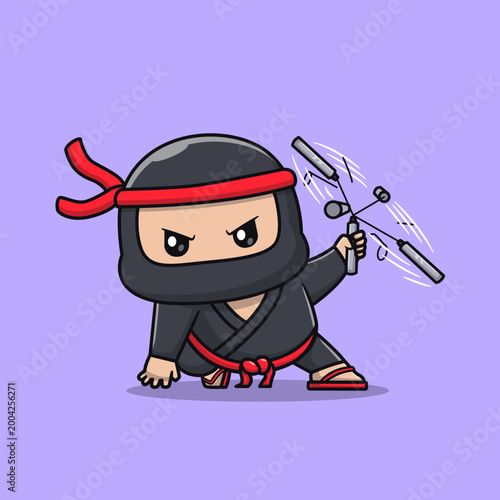 Cute Ninja With Double Stick Weapon Cartoon