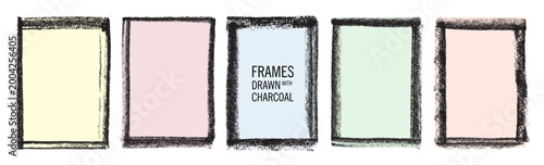 Set of vertical rectangular grunge vector frames with rough brush strokes and distressed ink texture. Black charcoal drawn borders for posters, prints, overlays, and expressive vector layouts.