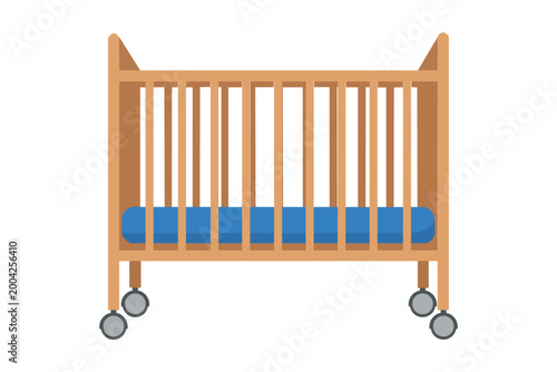 Baby Crib Illustration, Wooden Infant Bed with Mattress, Nursery Furniture, Child Care Vector