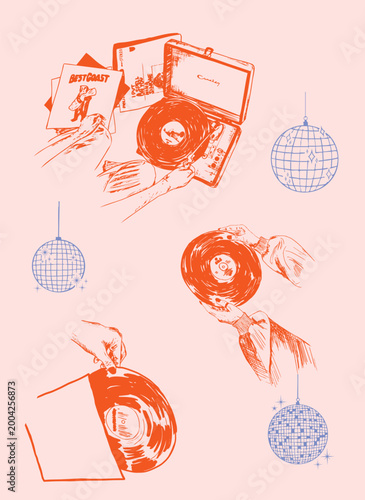 Illustration of a vintage turntable isolated. Hold an old vinyl record in hands. Dicko ball doodle iluustration. The turntable features a vinyl record and stylus. Playing a vinyl record.