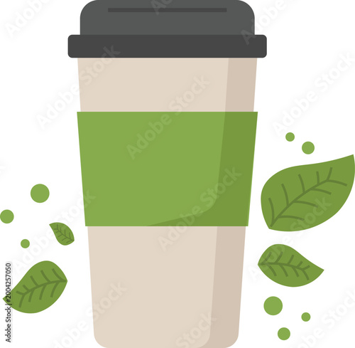 Vector illustration of a reusable coffee cup or tumbler with a green sleeve, surrounded by tea leaves. It is perfect for concepts relating to eco-friendly habits and sustainable living