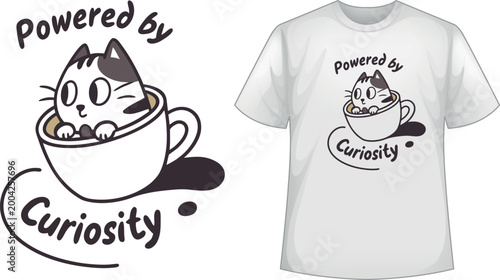 Cute Cartoon Cat in Coffee Cup Illustration with "Powered by Curiosity" Quote and T-Shirt Mockup