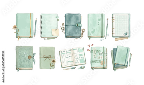 Watercolor Soft Realistic Mint Notebook Clipart Set – Hardcover Journal Spiral Notebook Leather Travel Journal Sketchbook Ring Binder Vintage Diary Pocket Notebook Bullet Journal Washi Tape Journal 