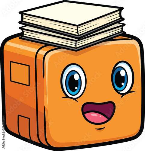 Cute orange cube character with books on head cartoon illustration.