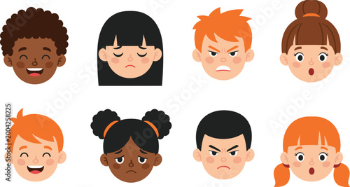 Cartoon faces showing diverse emotions and expressions including happiness, anger, sadness, and surprise in playful illustration
