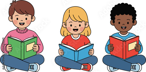 Cartoon children sitting cross-legged reading colorful books, educational illustration symbolizing learning, literacy, and childhood development