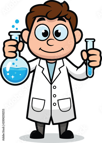 Friendly Cartoon Male Scientist Character Holding Laboratory Flask and Test Tube.