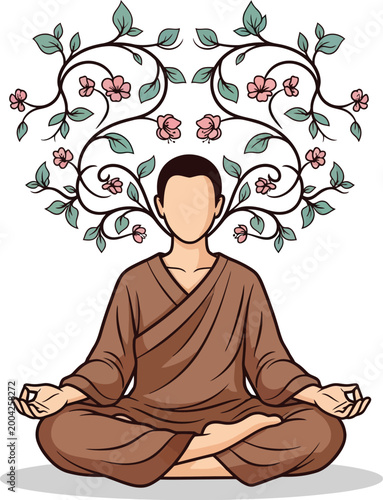 Faceless monk meditating in lotus position with floral vines.