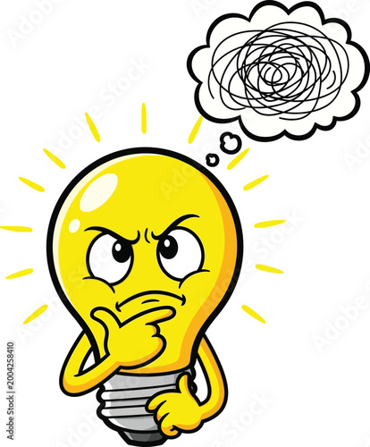 Grumpy Thinking Light Bulb Cartoon Character With Confused Thought Bubble.