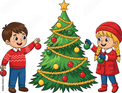 Children decorating Christmas tree with ornaments and star, joyful holiday illustration symbolizing teamwork, celebration, and festive spirit