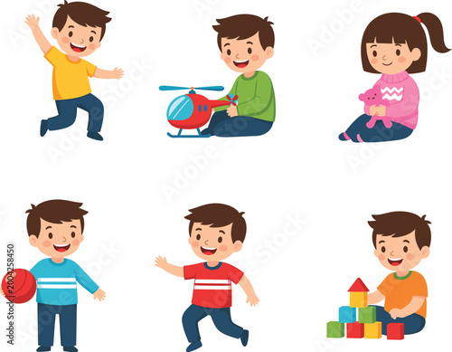 Children playing with toys, ball, teddy bear, and building blocks in joyful cartoon illustration for education and decoration