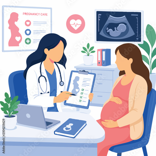 Faceless pregnancy checkup flat vector illustration, doctor consulting pregnant woman healthcare concept