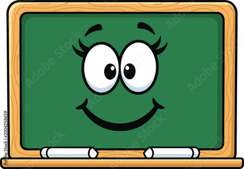 Happy Cartoon Chalkboard with Smiling Face and Chalk.