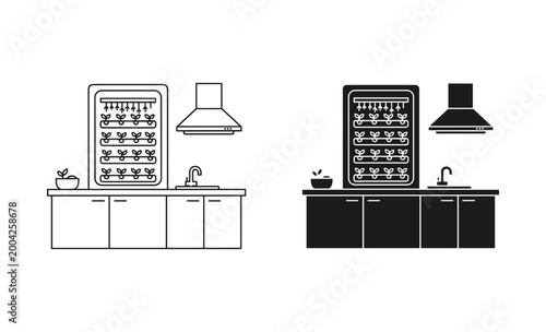 Indoor vertical farm icon set with kitchen counter, outline and solid style, white background, vector Illustration