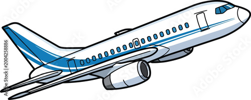 Illustration of a white and blue commercial passenger airplane flying upwards.