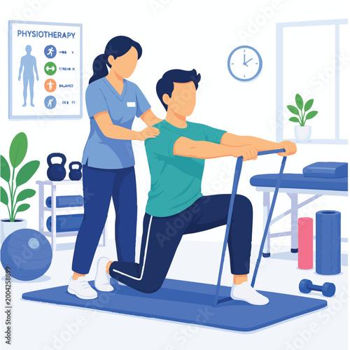 Faceless physiotherapy session flat vector illustration, rehabilitation exercise healthcare concept