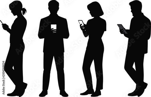 Silhouettes of people using smartphones representing digital communication, mobile technology, modern lifestyle, and social interaction