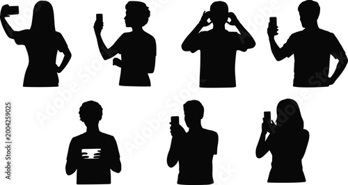 Silhouettes of people using smartphones in everyday poses representing digital lifestyle, communication, and modern technology habits