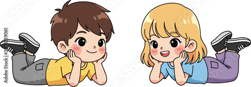 Two cartoon children lying on floor smiling face to face in playful illustration for friendship, childhood, and educational artwork