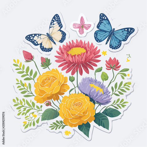 Vibrant Butterfly and Flower Bouquet Sticker Design