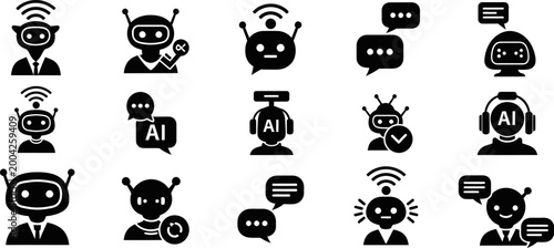 Artificial intelligence chatbot icons for digital customer support and virtual bot service.