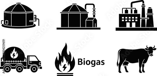 Set of six flat vector illustrations depicting biogas production and related elements.