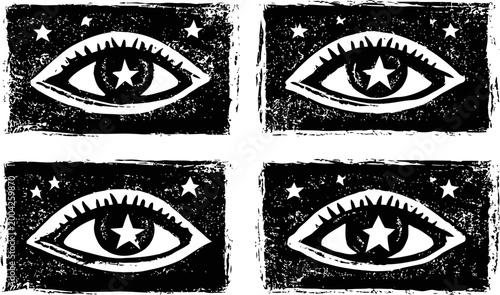 Four stylized eyes with stars in pupils design in black and white vintage grunge